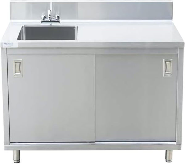 Stainless Steel Enclosed Base Work Table with Sink and Sliding Doors | Faucet and Free Standing Single Bowl Commercial Portable Kitchen Sinks Work Station with Elevating Legs (30x48x41 Inch)