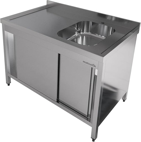 Stainless Steel Prep Table with Sink and Sliding Doors - Commercial Kitchen Work Table with Backsplash - Heavy Duty Commercial Work Station for Restaurant, Hotel (Right Sided Sink)