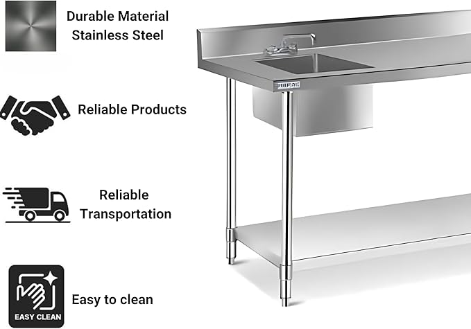 Stainless Steel Prep Sink With Countertop - Wash Table for Restaurant Outdoor (30x60x36 Inch)