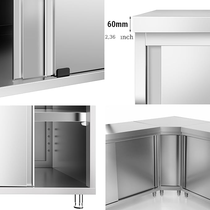 Stainless Steel Prep Table with Sliding Doors - Commercial Kitchen Work Table with Backsplash and Under Shelf (62.9x23.6x34.2 Inch)