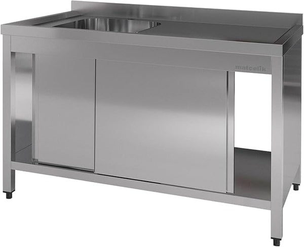 Stainless Steel Prep Table with Sink and Sliding Doors - Commercial Kitchen Work Table with Backsplash - Heavy Duty Commercial Work Station for Restaurant, Hotel (Left Sided Sink)