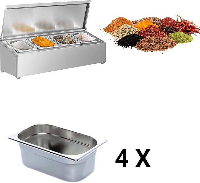 Stainless Steel Spice Rack Cabinet | 1/6 GN Organizer Shelf for Sauce Ingredients for Kitchen Pantry Use | Commercial Kitchen Restaurant Hotel Kitchen Spices Storage (27x9.8x8.2 Inch - 4 GN)