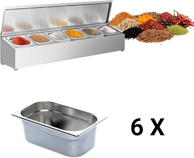 Stainless Steel Spice Rack Cabinet | 1/6 GN Organizer Shelf for Sauce Ingredients for Kitchen Pantry Use | Commercial Kitchen Restaurant Hotel Kitchen Spices Storage (38.9x9.8x8.2 Inch - 6 GN)