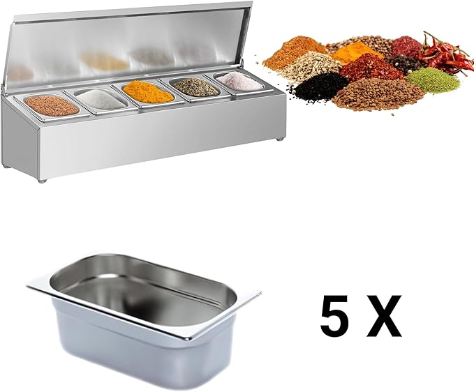 Stainless Steel Spice Rack Cabinet | 1/6 GN Organizer Shelf for Sauce Ingredients for Kitchen Pantry Use | Commercial Kitchen Restaurant Hotel Kitchen Spices Storage (32.4x9.8x8.2 Inch - 5 GN)