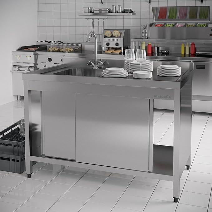 Stainless Steel Prep Table with Sink and Sliding Doors - Commercial Kitchen Work Table with Backsplash - Heavy Duty Commercial Work Station for Restaurant, Hotel (Left Sided Sink)