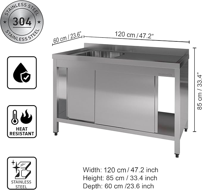 Stainless Steel Prep Table with Sink and Sliding Doors - Commercial Kitchen Work Table with Backsplash - Heavy Duty Commercial Work Station for Restaurant, Hotel (Left Sided Sink)