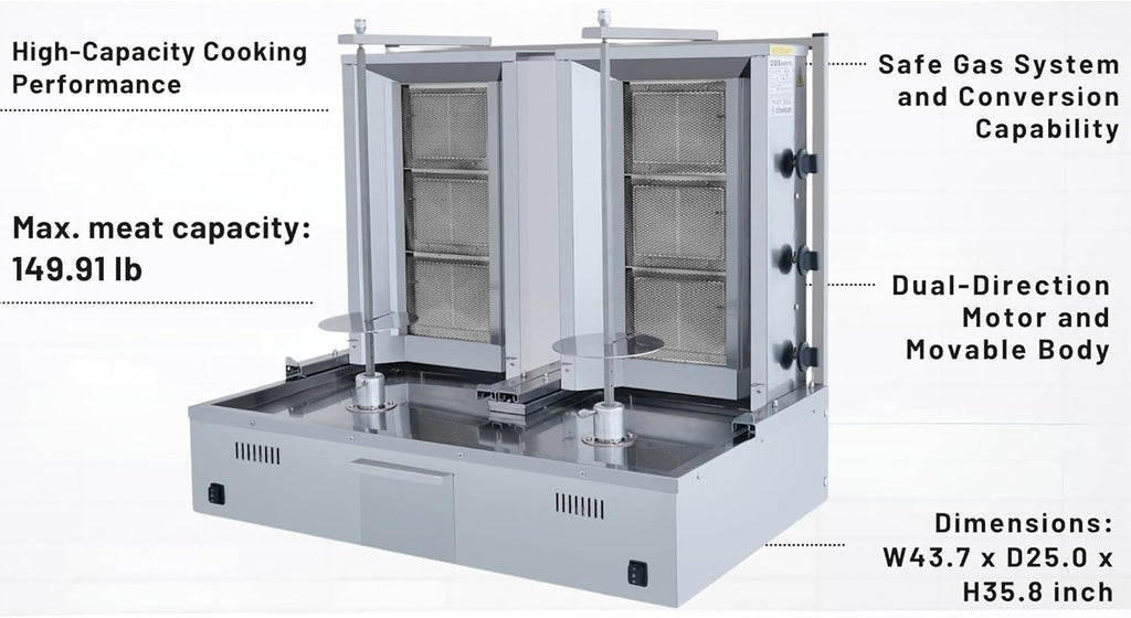 Double Bottom Doner Kebab Machine | Shawarma 3+3 Burner Burner Gas Vertical Rotisserie Grill Cooker