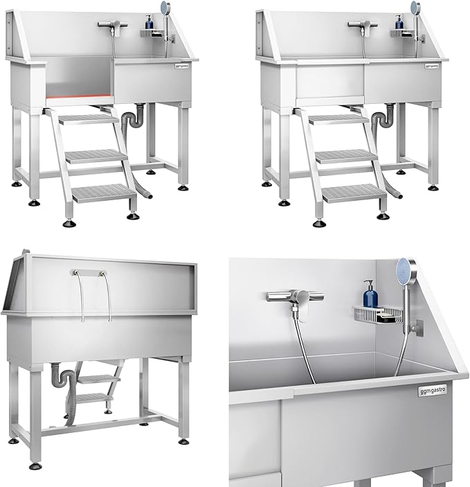 Pet Grooming Tub with Stainless Steel Sink with Faucet | Dogs and Pets Washing Station | Home and Outdoor Dog Bath Tub with Shower Hose and Sink for Pet Bathing (Stairs)