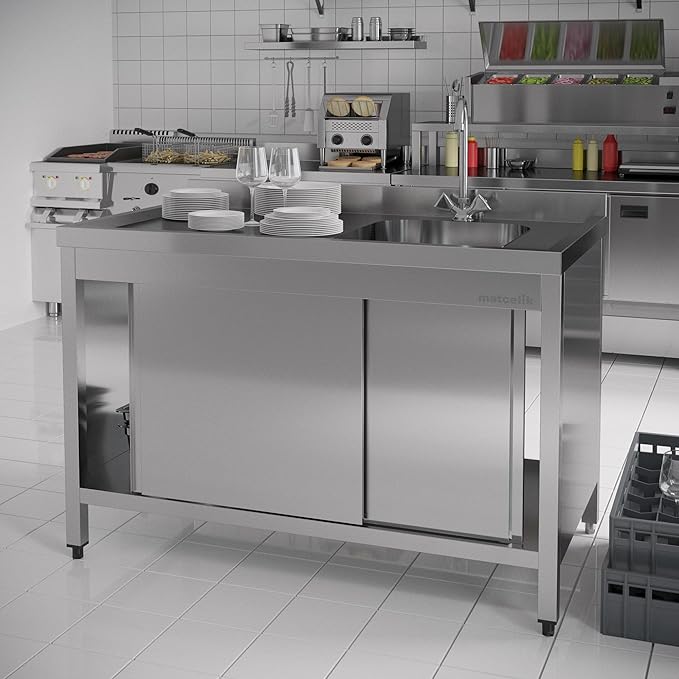 Stainless Steel Prep Table with Sink and Sliding Doors - Commercial Kitchen Work Table with Backsplash - Heavy Duty Commercial Work Station for Restaurant, Hotel (Right Sided Sink)