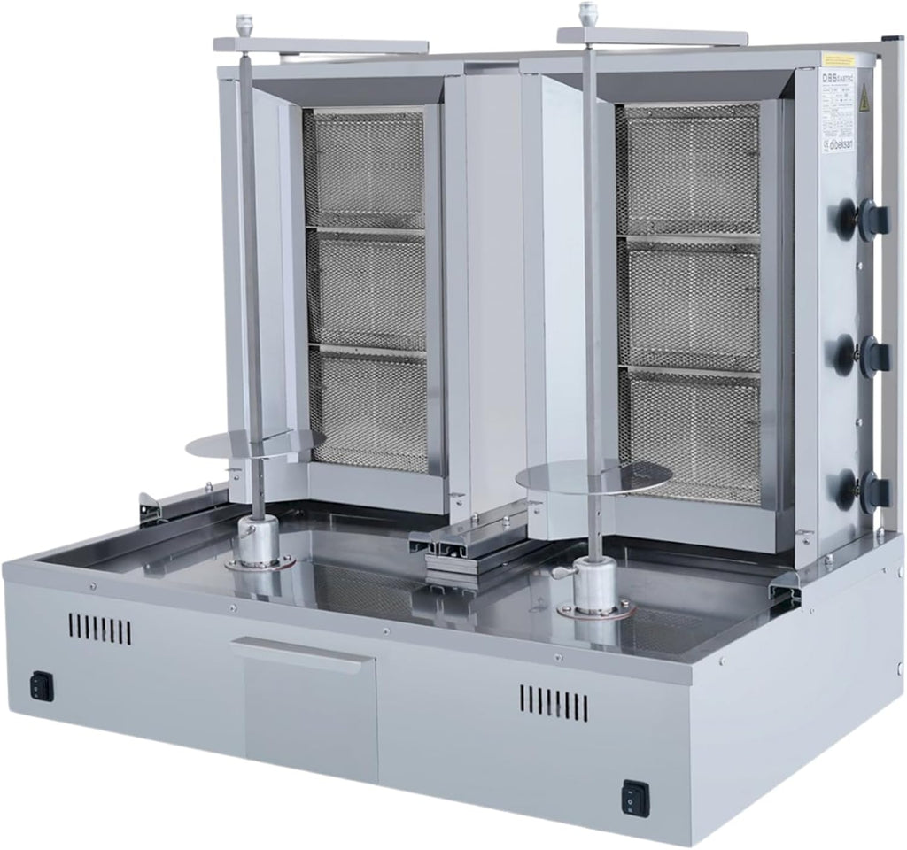 Double Bottom Doner Kebab Machine | Shawarma 3+3 Burner Burner Gas Vertical Rotisserie Grill Cooker
