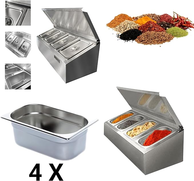 Stainless Steel Spice Rack Cabinet with Lid | 1/6 GN Organizer Shelf for Sauce Ingredients for Kitchen Pantry Use | Commercial Kitchen Restaurant Hotel Spices Cupboard (31.4x12.2x10.3 Inch - 4 GN)