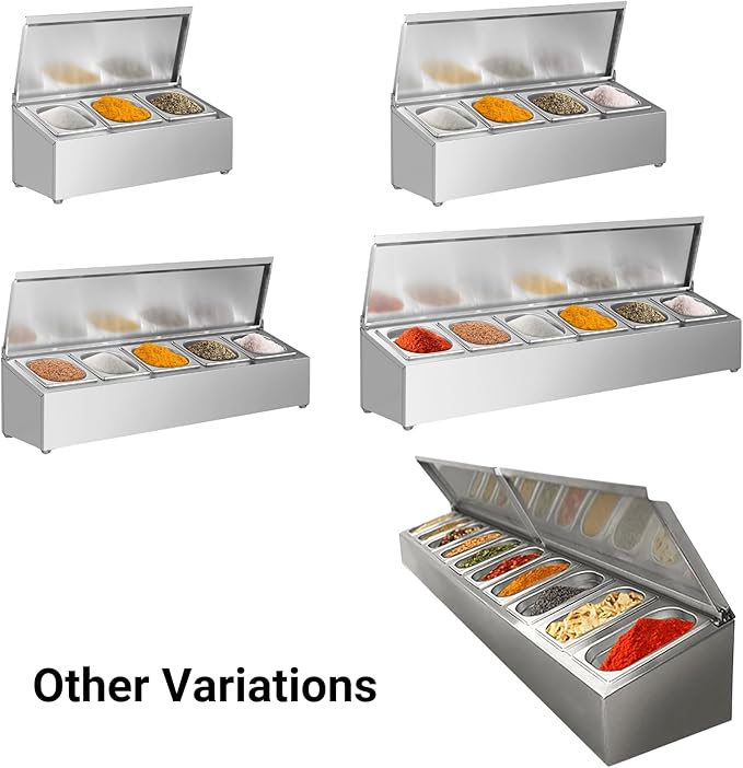 Stainless Steel Spice Rack Cabinet with Lid | 1/6 GN Organizer Shelf for Sauce Ingredients for Kitchen Pantry Use | Commercial Kitchen Restaurant Hotel Spices Cupboard (62.9x12.2x10.3 Inch - 8 GN)
