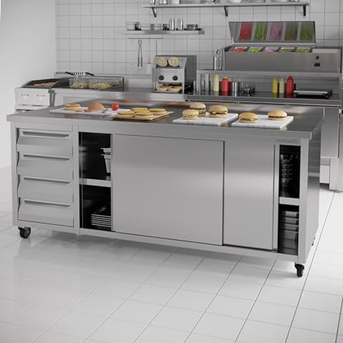 Stainless Steel Prep Table with Drawers, Sliding Doors and Wheels (75x23x33 inches)