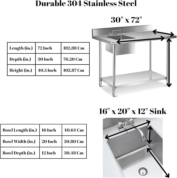 Stainless Steel Prep Sink With Countertop - Wash Table for Restaurant Outdoor (30x72x36 Inch)