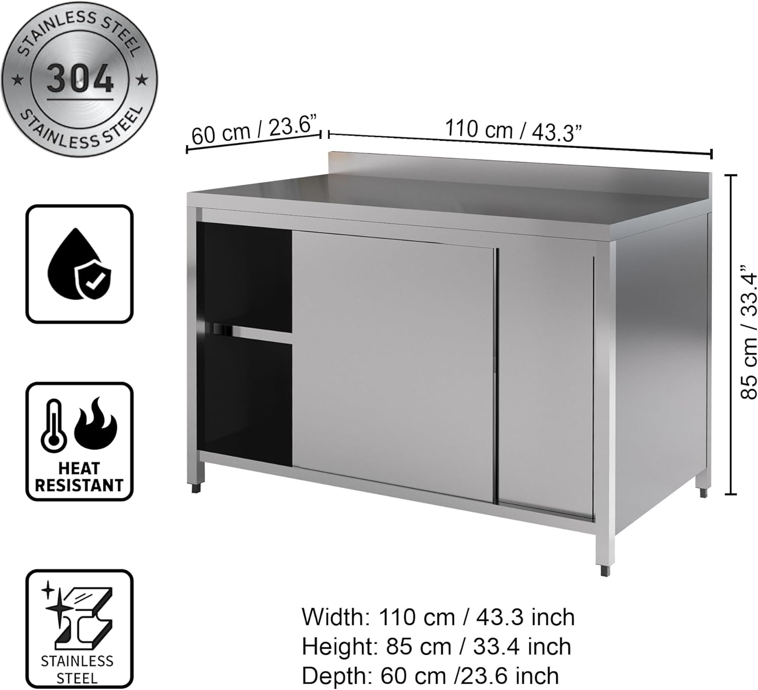 Commercial Kitchen Work Table with Backsplash and Under Shelf (43x23x33 inches)