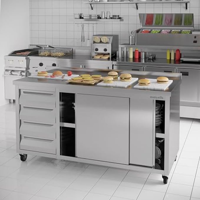 Stainless Steel Prep Table with Drawers, Sliding Doors and Wheels (63x23x33 inches)