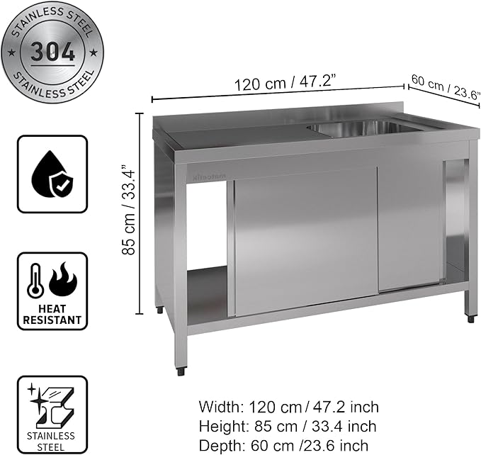 Stainless Steel Prep Table with Sink and Sliding Doors - Commercial Kitchen Work Table with Backsplash - Heavy Duty Commercial Work Station for Restaurant, Hotel (Right Sided Sink)