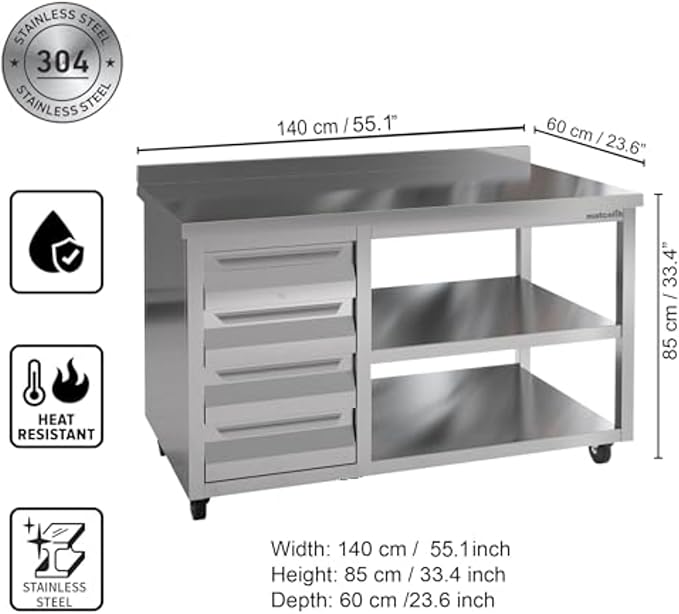 Stainless Steel Prep Table with Drawers and Wheels - Commercial Kitchen Work Table with Backsplash and Under Shelf - Heavy Duty Commercial Work Station for Restaurant, Hotel (55x23x33 inches)