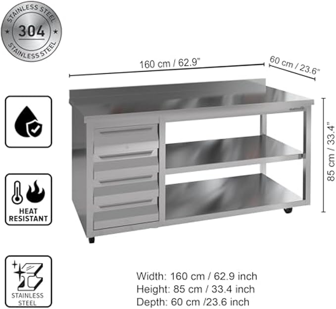 Stainless Steel Prep Table with Drawers and Wheels - Commercial Kitchen Work Table with Backsplash and Under Shelf - Heavy Duty Commercial Work Station for Restaurant, Hotel (63x23x33 inches)