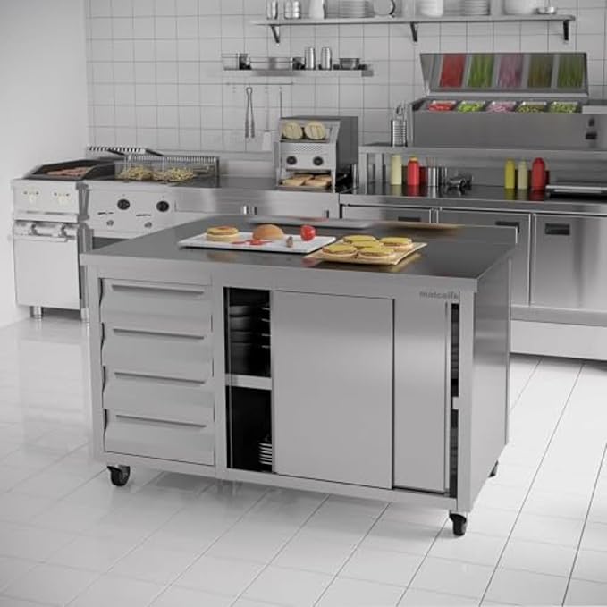 Stainless Steel Prep Table with Drawers, Sliding Doors and Wheels (55x23x33 inches)