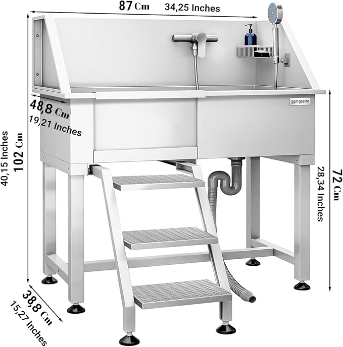 Pet Grooming Tub with Stainless Steel Sink with Faucet | Dogs and Pets Washing Station | Home and Outdoor Dog Bath Tub with Shower Hose and Sink for Pet Bathing (Stairs)