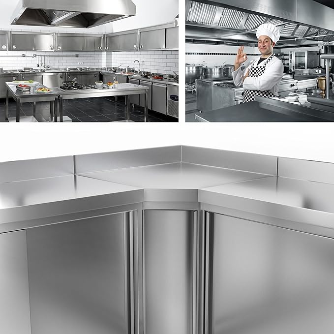 Stainless Steel Corner Prep Table with Doors - Commercial Kitchen Work Table with Backsplash and Under Shelf - Heavy Duty Commercial Work Station for Restaurant, Hotel (39.3x23.6 Inch with Backed)