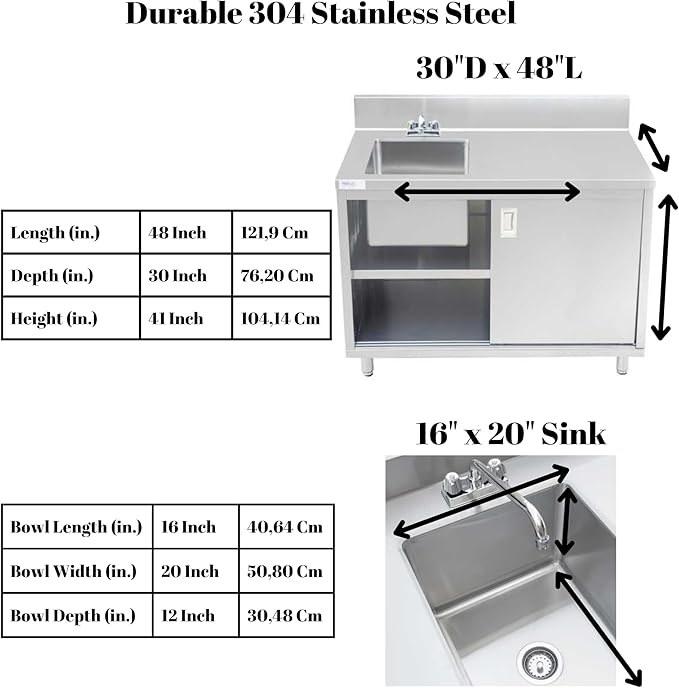 Stainless Steel Enclosed Base Work Table with Sink and Sliding Doors | Faucet and Free Standing Single Bowl Commercial Portable Kitchen Sinks Work Station with Elevating Legs (30x48x41 Inch)
