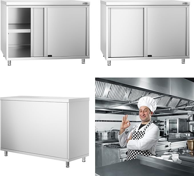 Stainless Steel Prep Table with Sliding Doors - Commercial Kitchen Work Table with Backsplash and Under Shelf (62.9x23.6x34.2 Inch)