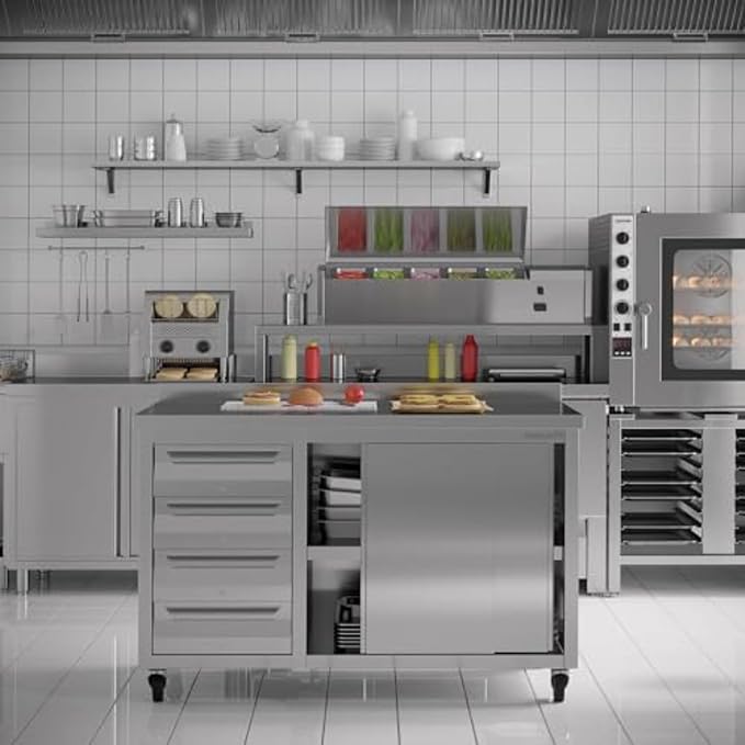 Stainless Steel Prep Table with Drawers, Sliding Doors and Wheels (55x23x33 inches)