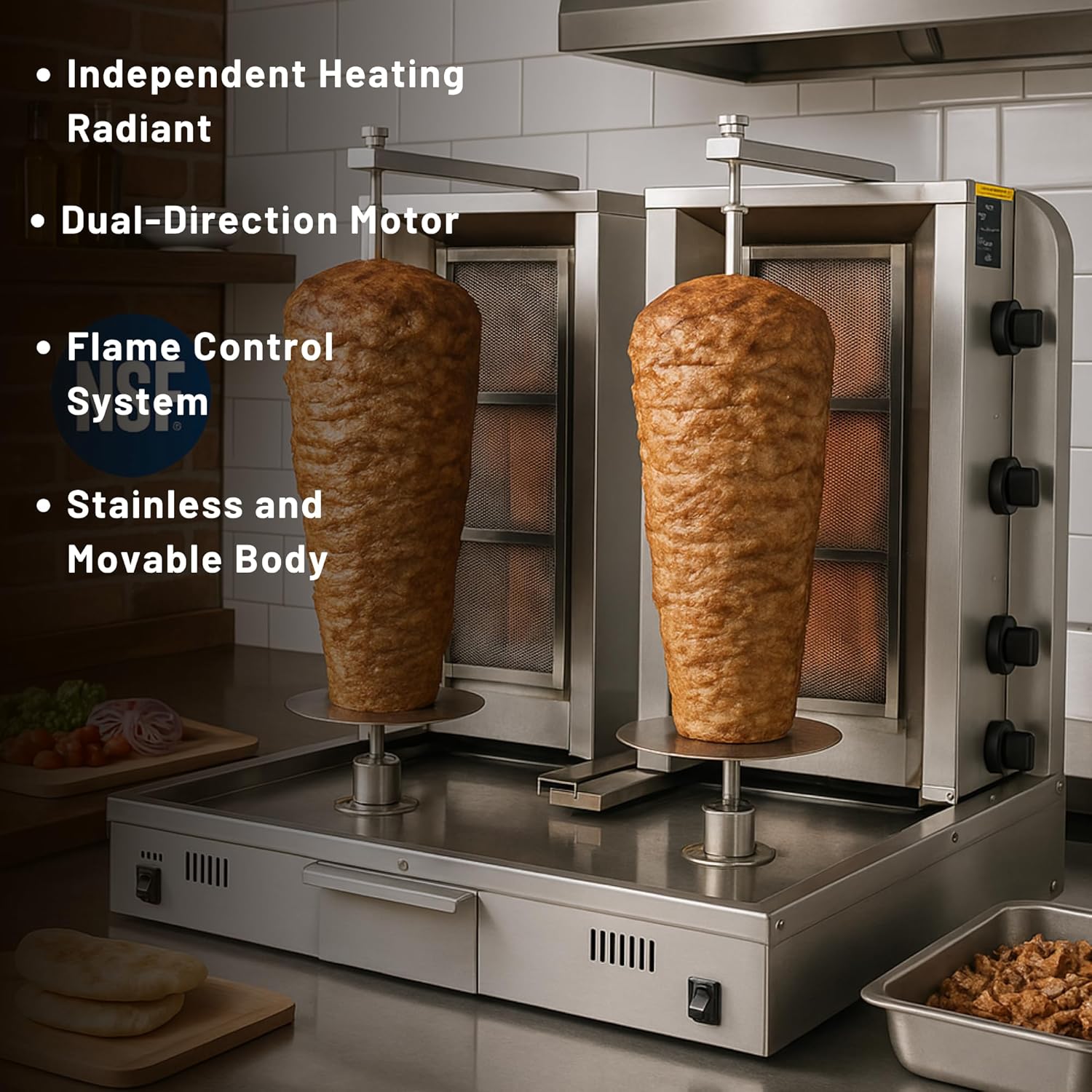 Double Bottom Doner Kebab Machine Shawarma 4+4 Burner Burner Gas Vertical