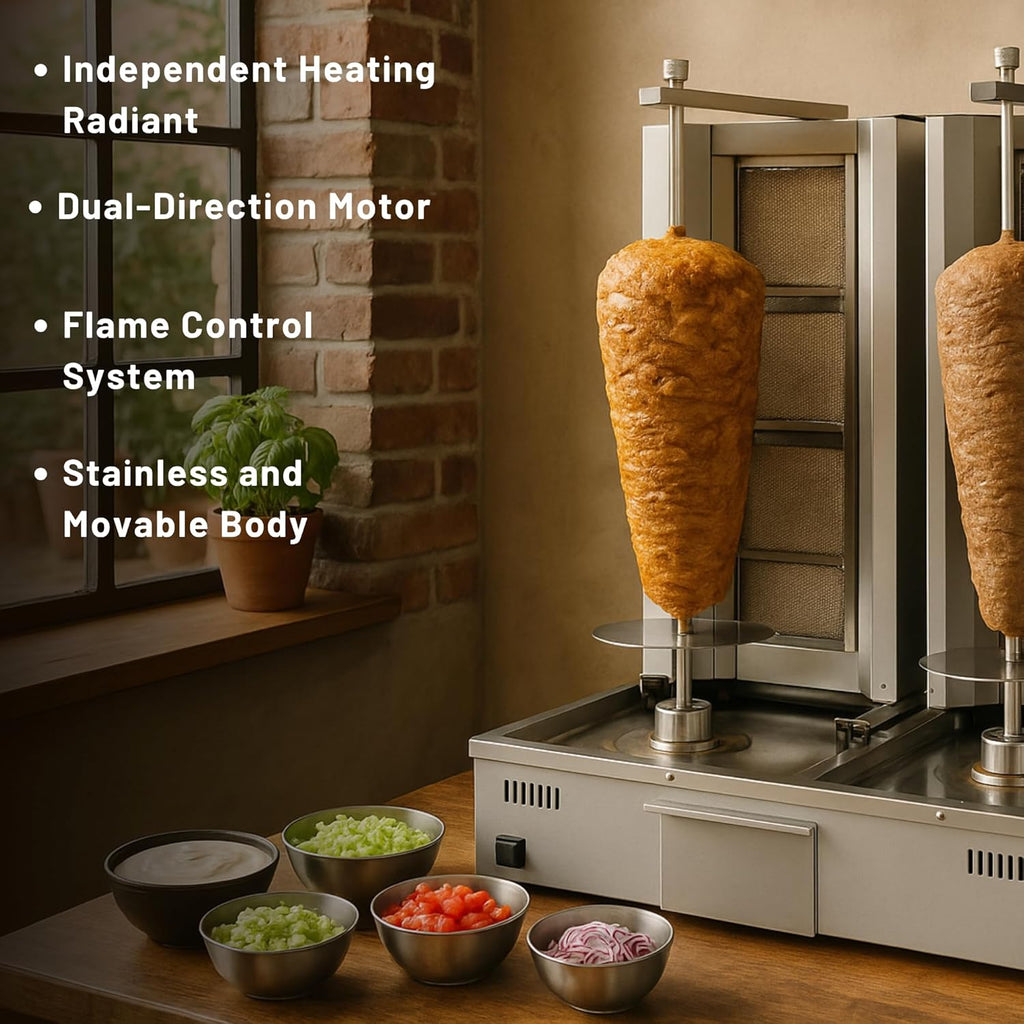 Double Bottom Doner Kebab Machine Shawarma 3+4 Burner Burner Gas Vertical Rotisserie Grill Cooker