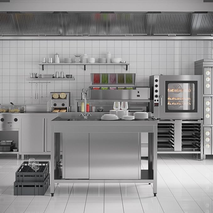 Stainless Steel Prep Table with Sink and Sliding Doors - Commercial Kitchen Work Table with Backsplash - Heavy Duty Commercial Work Station for Restaurant, Hotel (Left Sided Sink)