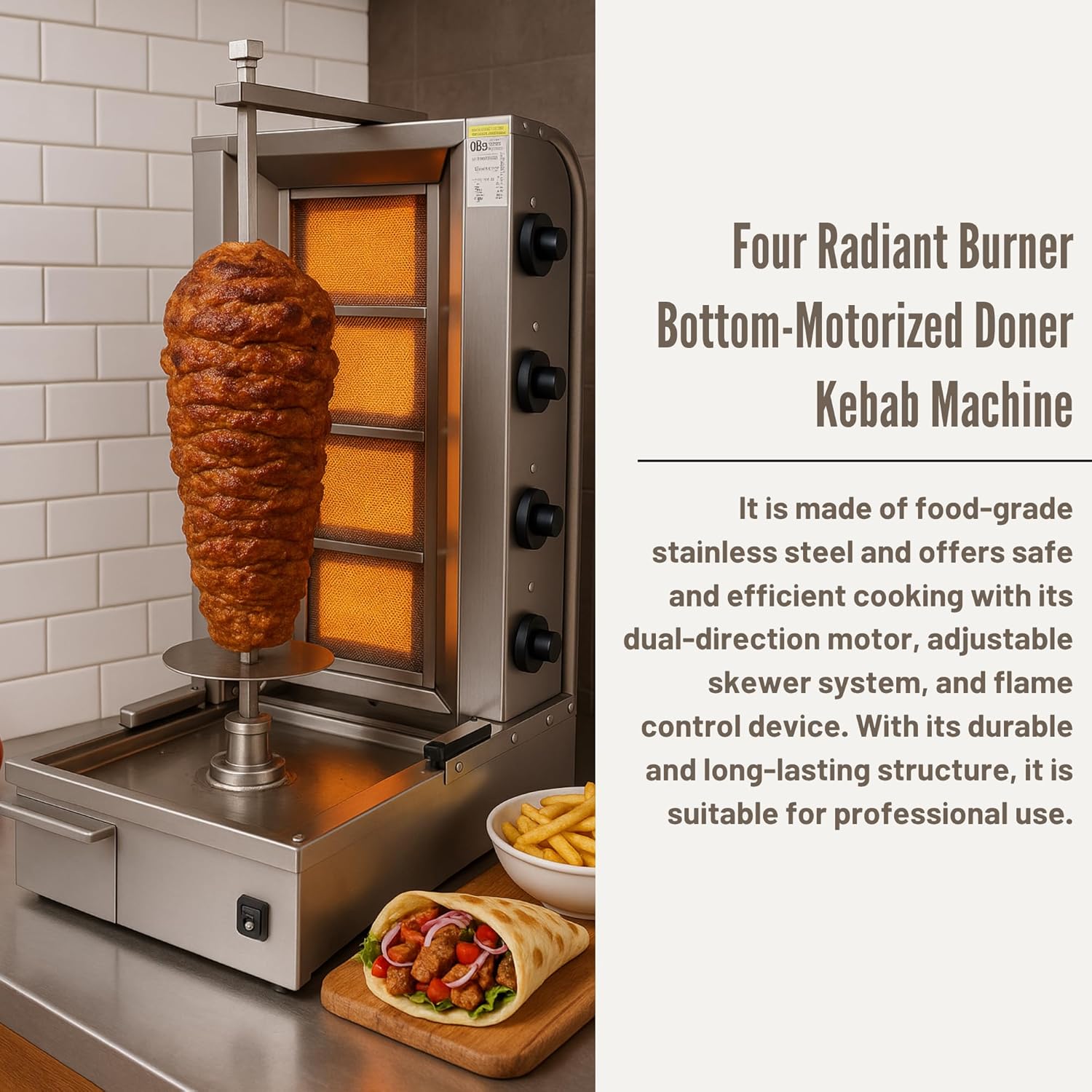 Doner Kebab Machine Shawarma 4 Burner Gas Vertical Rotisserie Grill Cooker