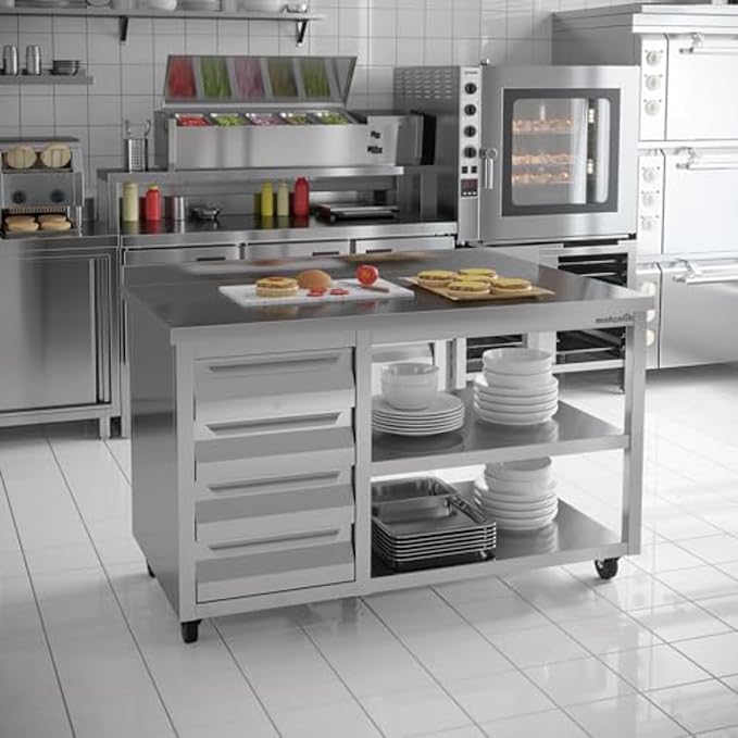 Stainless Steel Prep Table with Drawers and Wheels - Commercial Kitchen Work Table with Backsplash and Under Shelf - Heavy Duty Commercial Work Station for Restaurant, Hotel (55x23x33 inches)