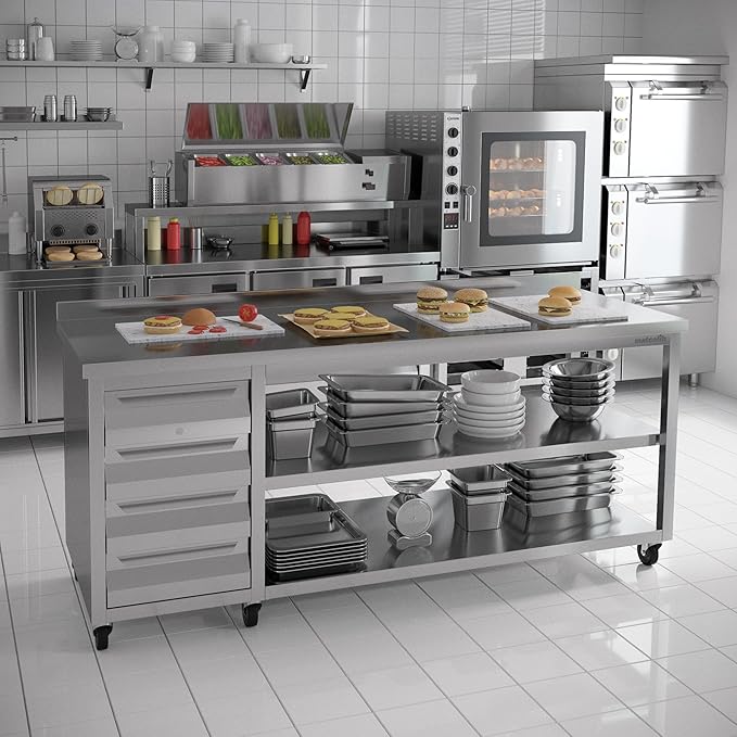 Stainless Steel Prep Table with Drawers and Wheels - Commercial Kitchen Work Table with Backsplash and Under Shelf - Heavy Duty Commercial Work Station for Restaurant, Hotel (63x23x33 inches)