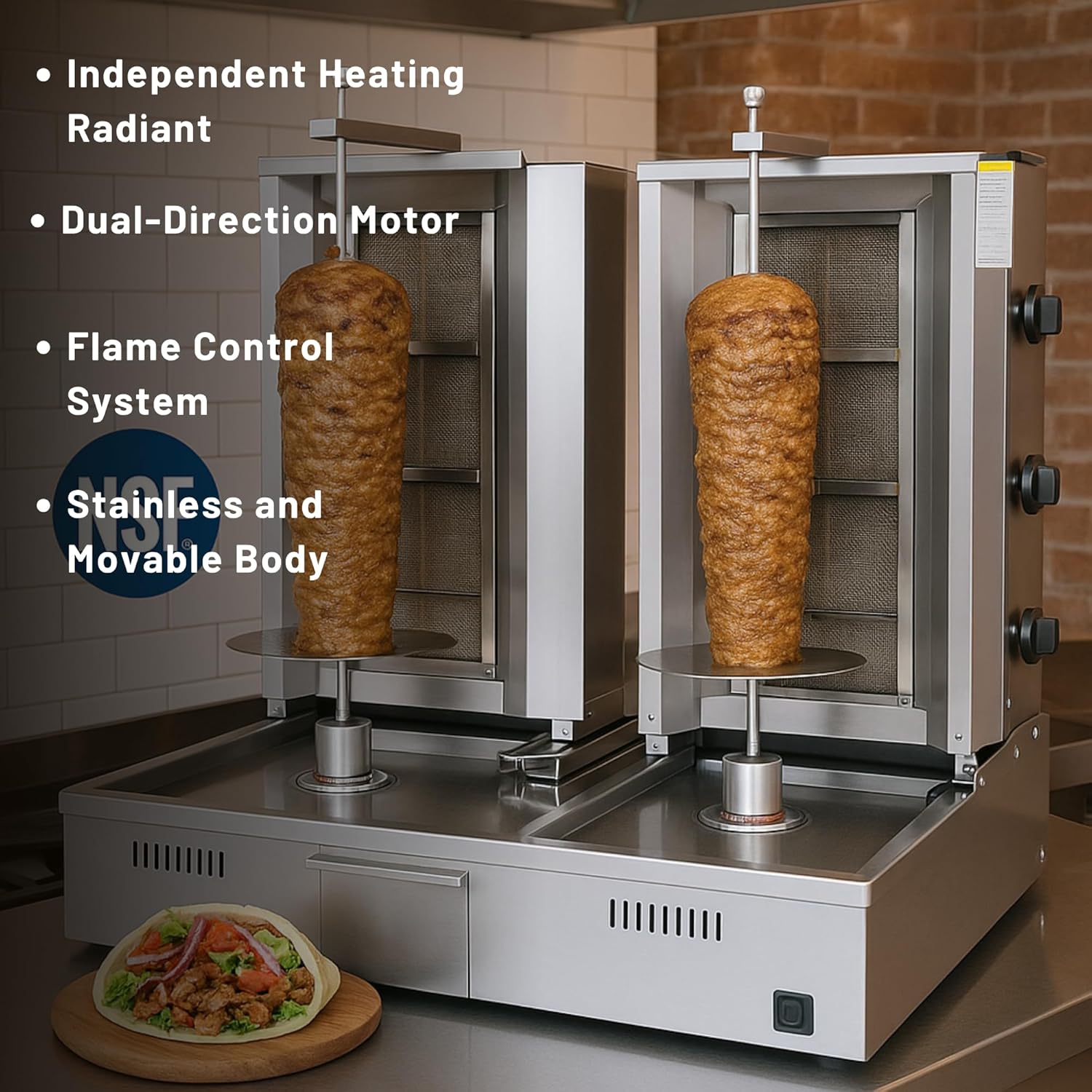 Double Bottom Doner Kebab Machine | Shawarma 3+3 Burner Burner Gas Vertical Rotisserie Grill Cooker
