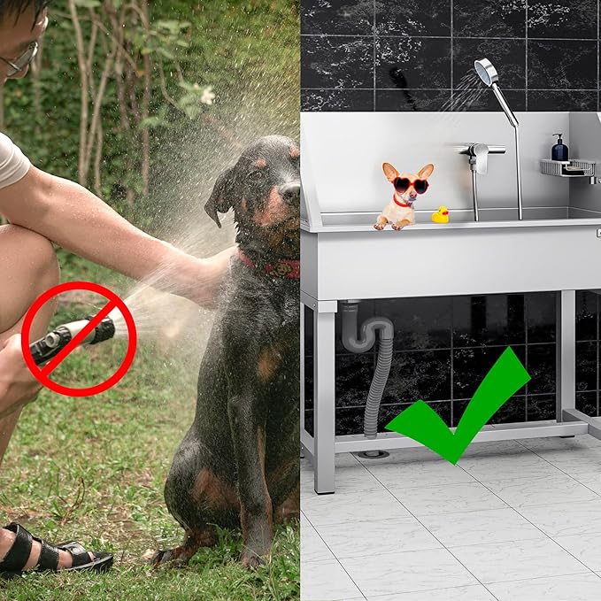 Pet Grooming Tub with Stainless Steel Sink with Faucet | Dogs and Pets Washing Station | Home and Outdoor Dog Bath Tub with Shower Hose and Sink for Pet Bathing (Ramp)