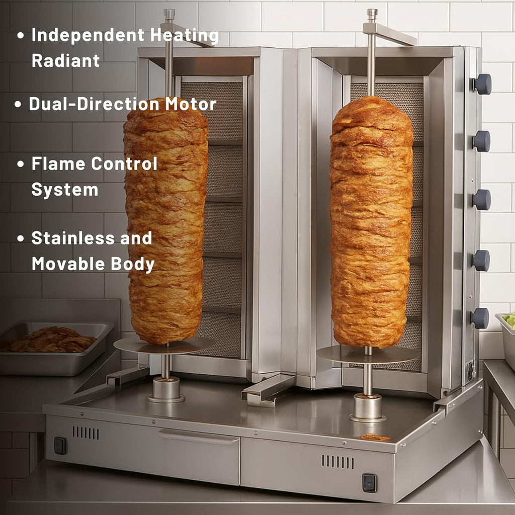 Double Bottom Doner Kebab Machine Shawarma 5+5 Burner Burner Gas Vertical Rotisserie Grill Cooker