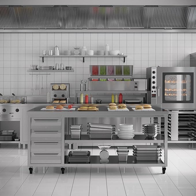 Stainless Steel Prep Table with Drawers and Wheels - Commercial Kitchen Work Table with Backsplash and Under Shelf - Heavy Duty Commercial Work Station for Restaurant, Hotel (75x23x33 inches)