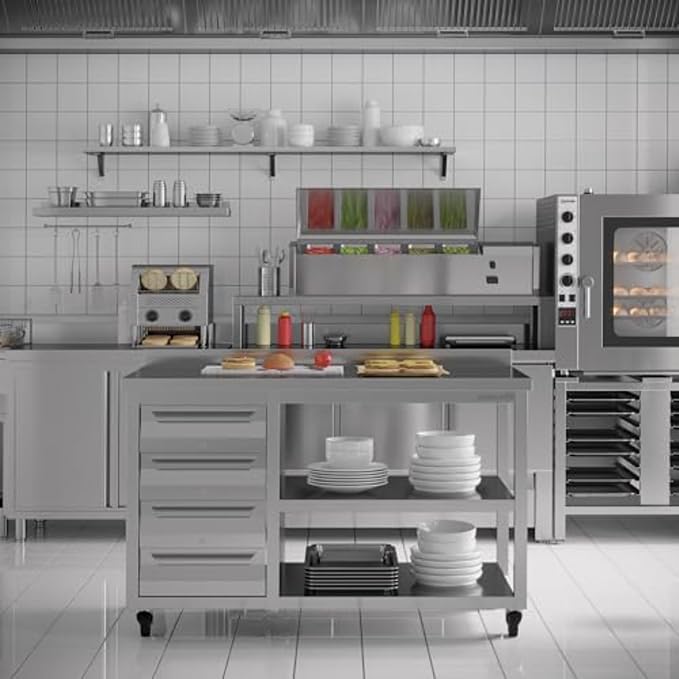 Stainless Steel Prep Table with Drawers and Wheels - Commercial Kitchen Work Table with Backsplash and Under Shelf - Heavy Duty Commercial Work Station for Restaurant, Hotel (55x23x33 inches)