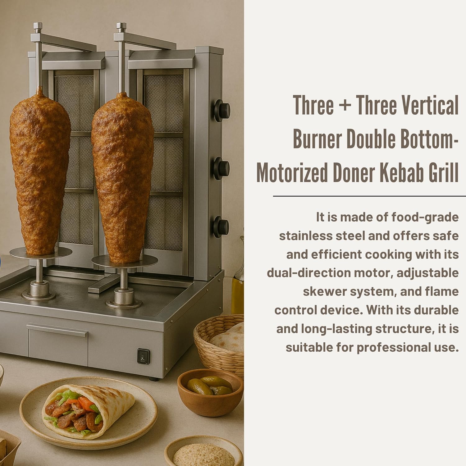 Doner Kebab Machine Shawarma 3 Burner Gas Vertical Rotisserie Grill Cooker