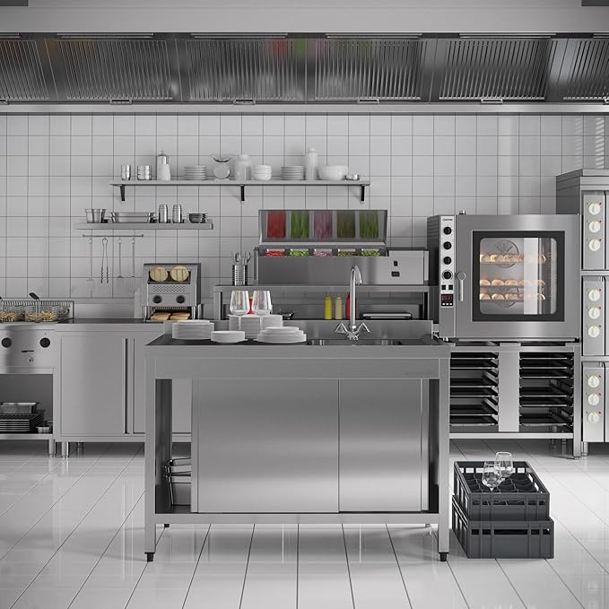 Stainless Steel Prep Table with Sink and Sliding Doors - Commercial Kitchen Work Table with Backsplash - Heavy Duty Commercial Work Station for Restaurant, Hotel (Right Sided Sink)