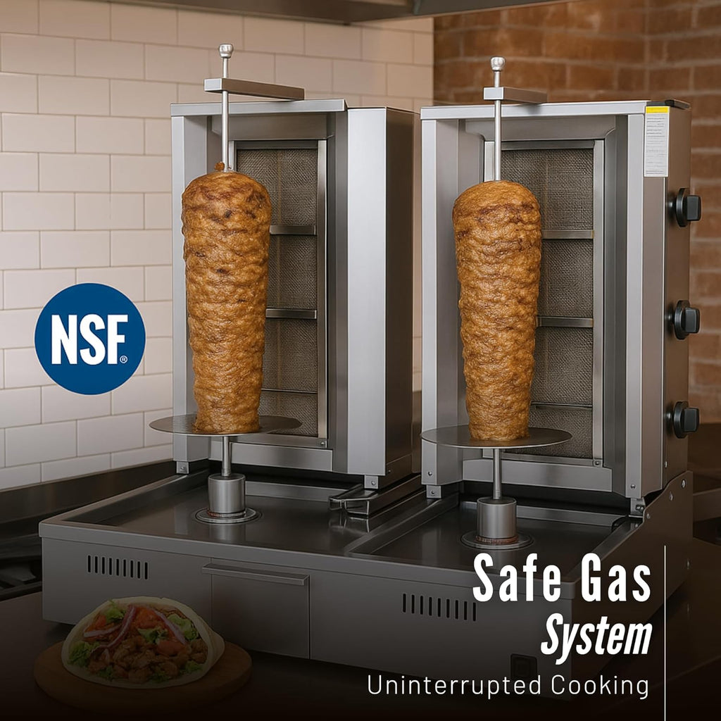 Double Bottom Doner Kebab Machine | Shawarma 3+3 Burner Burner Gas Vertical Rotisserie Grill Cooker