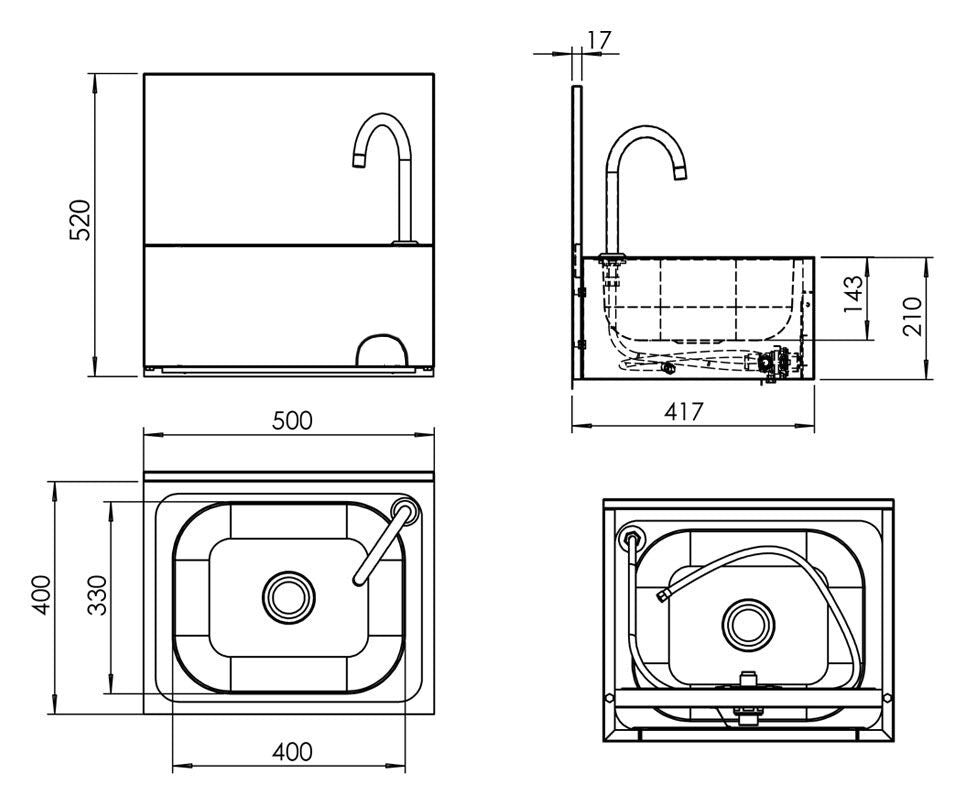 Battery Hand Sunday 500x400mm (Cold and Hot Water Link)