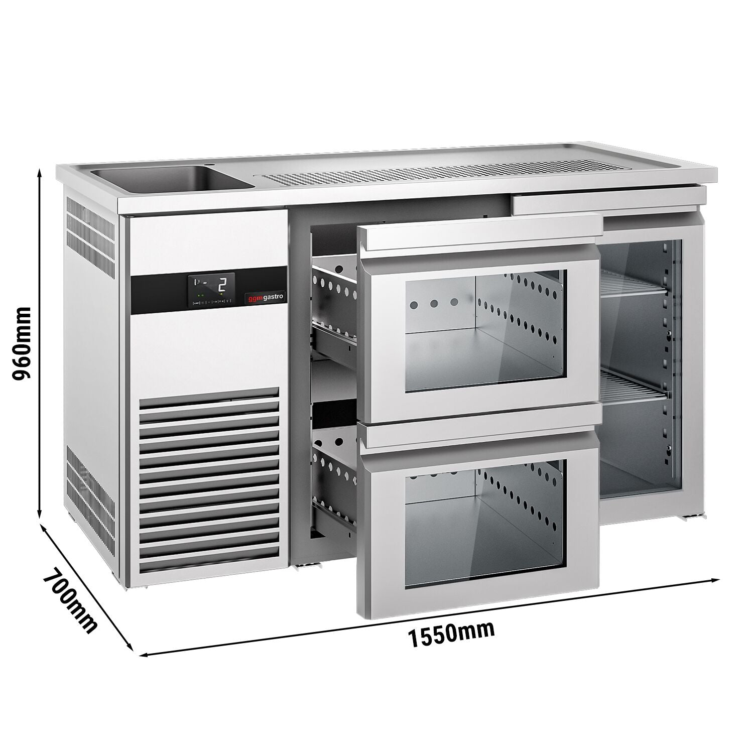 Beer counter premıum - 1550x700mm - 1 glass door and 2 glass drawers