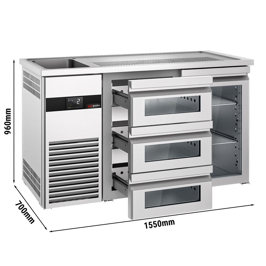 Beer counter premium - 1550x700mm- 1 glass door and 3 glass drawers