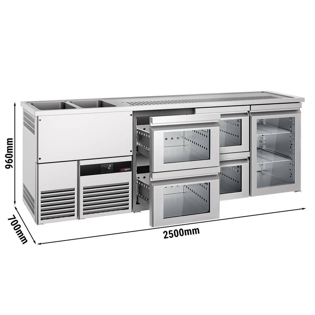 Beer counter premium - 2500x700mm - 1 glass door & 4 glass drawers