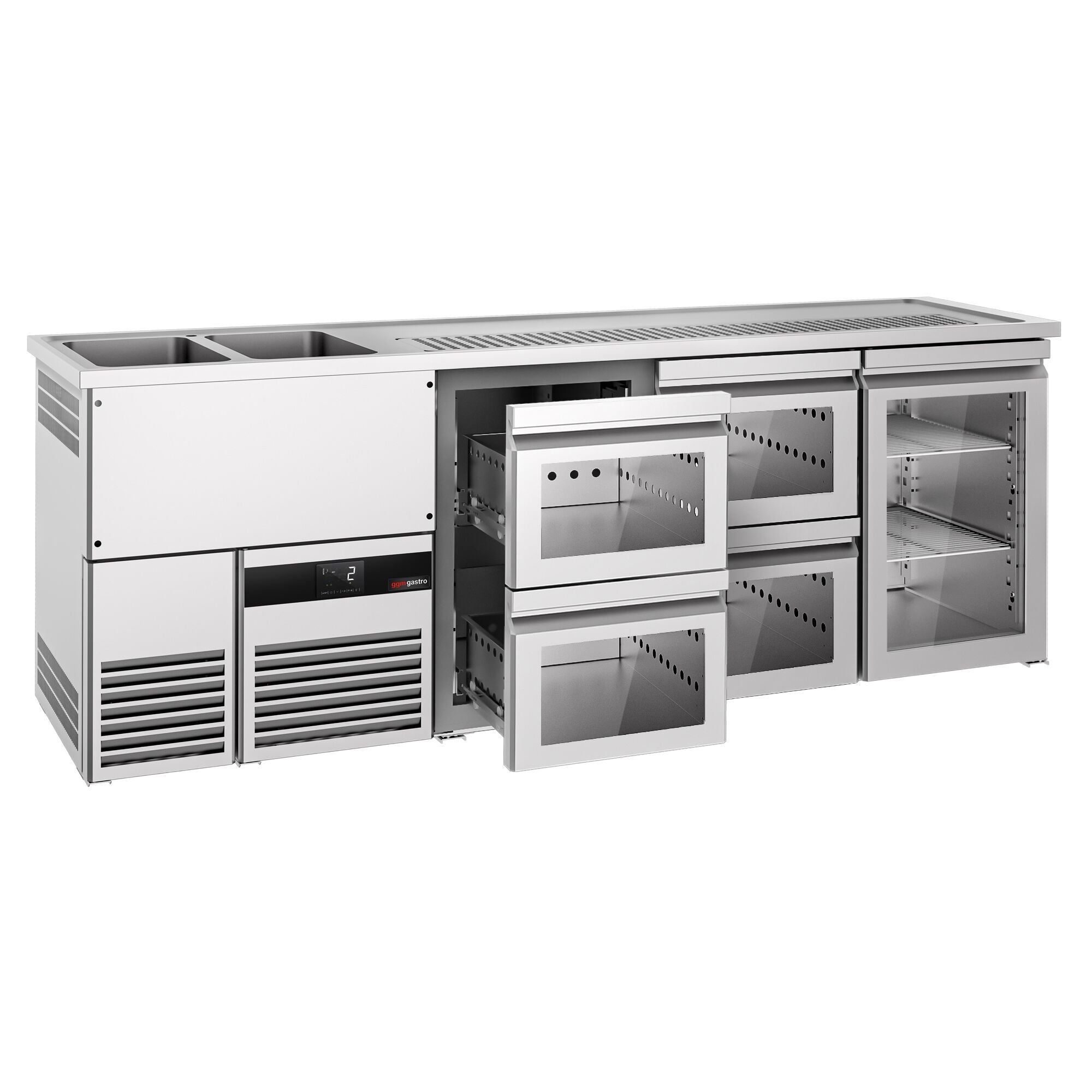 Beer counter premium - 2500x700mm - 1 glass door & 4 glass drawers