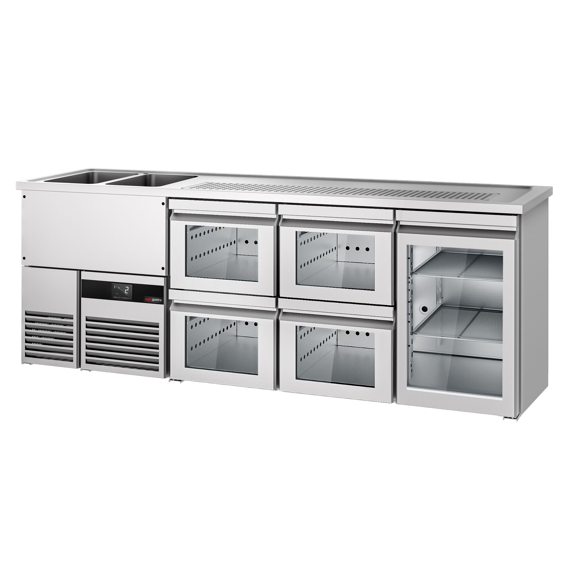 Beer counter premium - 2500x700mm - 1 glass door & 4 glass drawers