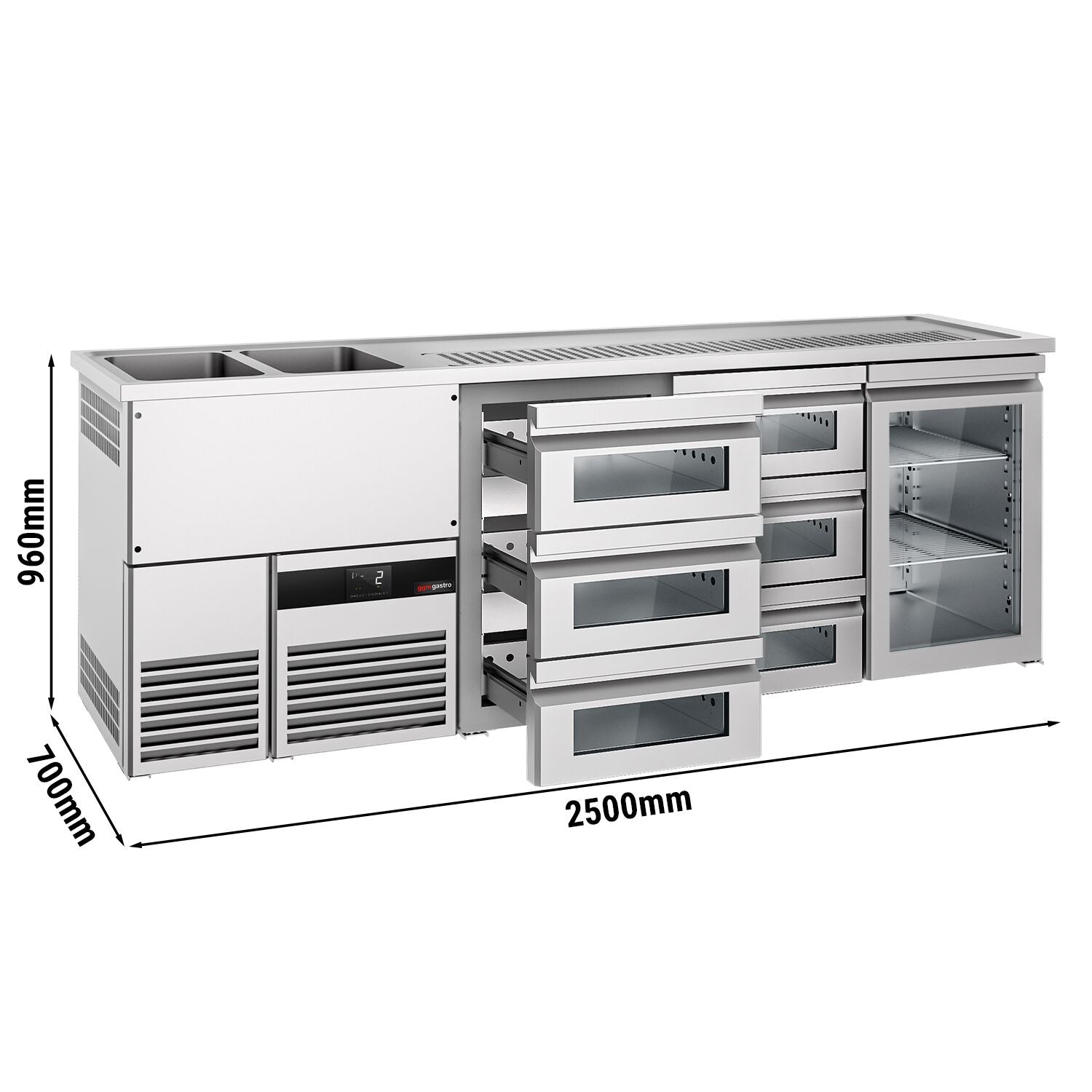 Beer counter premium - 2500x700mm- 1 glass door & 6 glass drawers